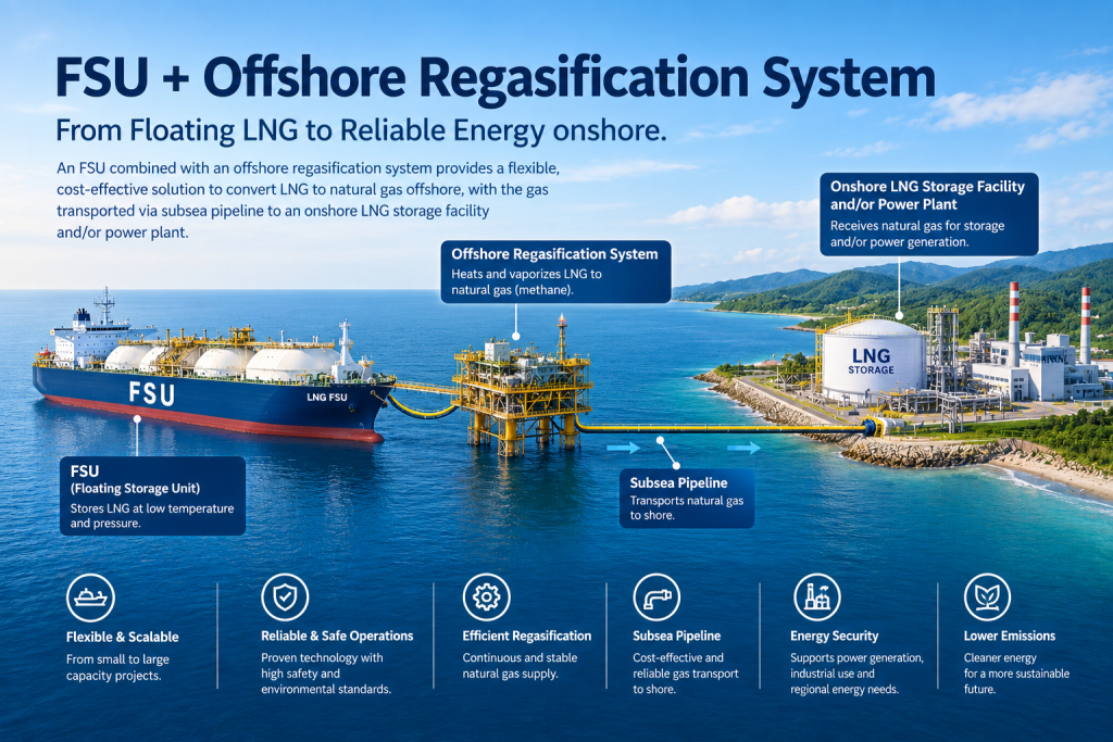 LNG offshore regasification, FSU, Jettyless